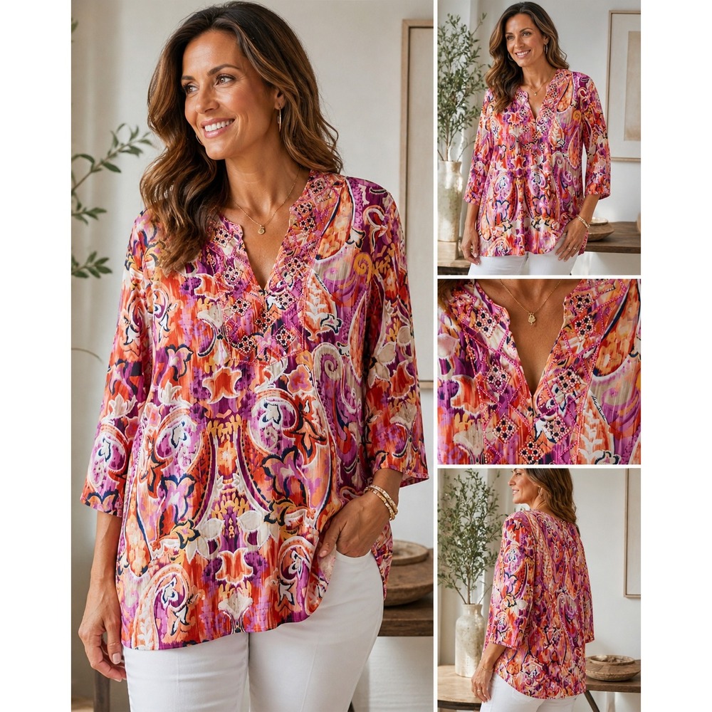 Chico's Tunic Top Paisley Beaded Embroidered Tencel Lyocell Boho Size 2